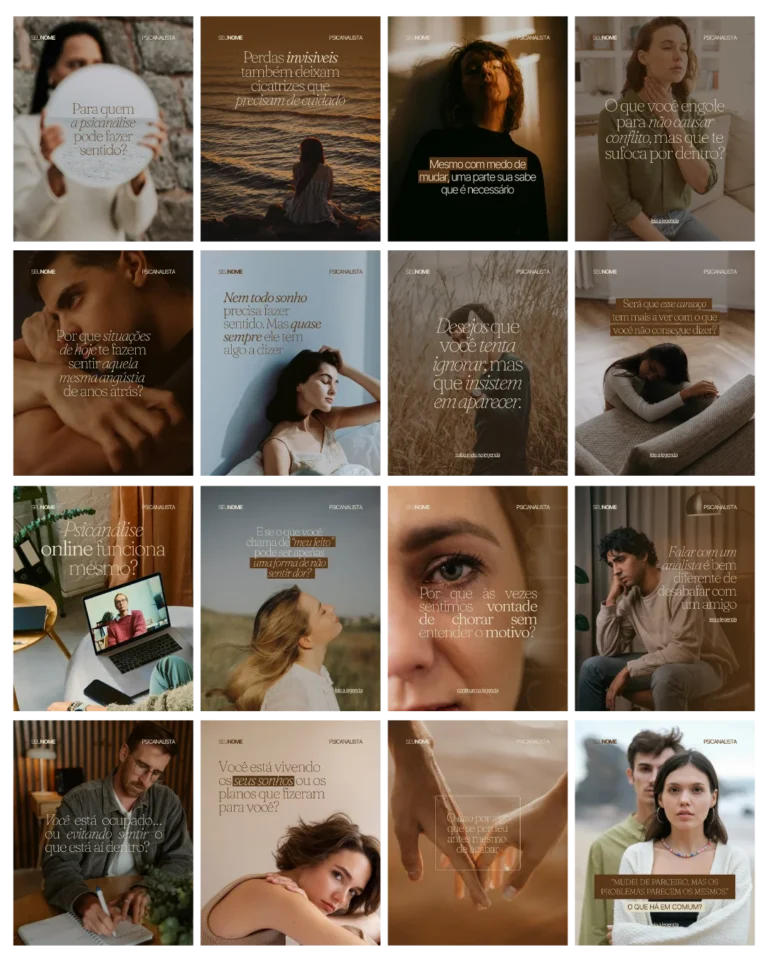 Exemplos de posts do Kit Psicanálise em um feed do Instagram